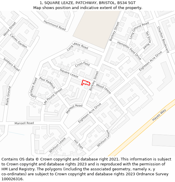 1, SQUARE LEAZE, PATCHWAY, BRISTOL, BS34 5GT: Location map and indicative extent of plot