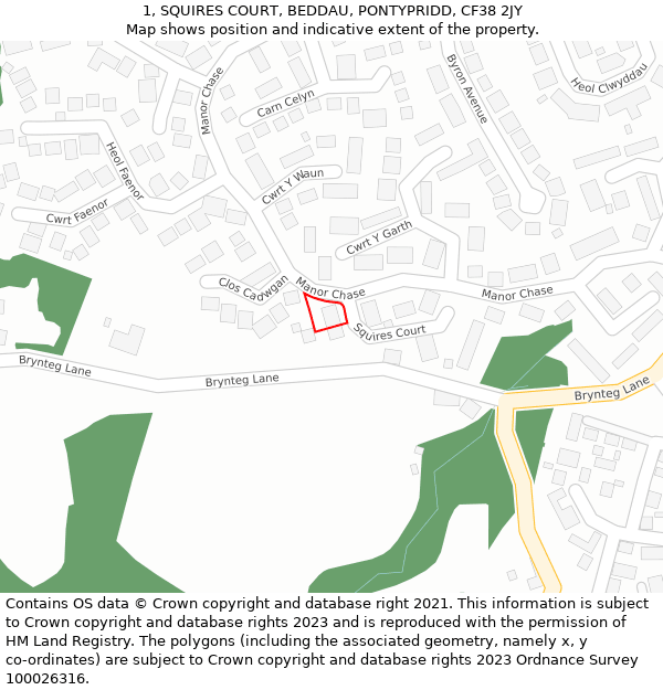 1, SQUIRES COURT, BEDDAU, PONTYPRIDD, CF38 2JY: Location map and indicative extent of plot