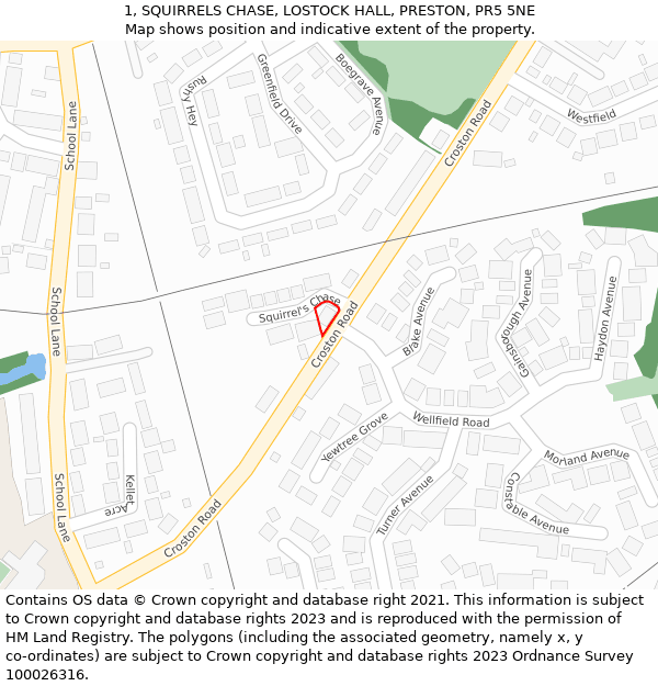 1, SQUIRRELS CHASE, LOSTOCK HALL, PRESTON, PR5 5NE: Location map and indicative extent of plot