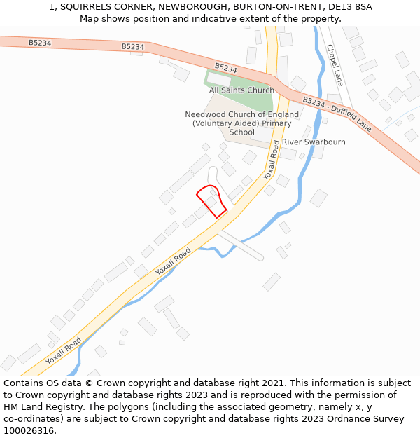 1, SQUIRRELS CORNER, NEWBOROUGH, BURTON-ON-TRENT, DE13 8SA: Location map and indicative extent of plot