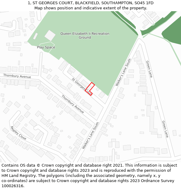 1, ST GEORGES COURT, BLACKFIELD, SOUTHAMPTON, SO45 1FD: Location map and indicative extent of plot