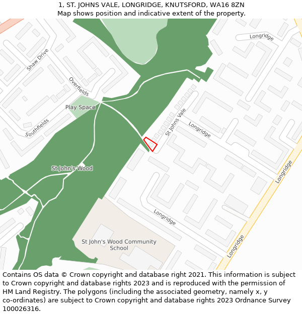 1, ST. JOHNS VALE, LONGRIDGE, KNUTSFORD, WA16 8ZN: Location map and indicative extent of plot