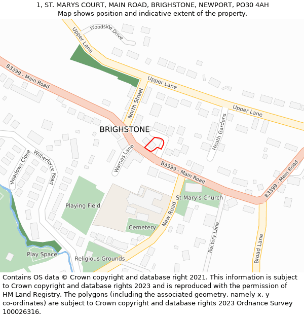 1, ST. MARYS COURT, MAIN ROAD, BRIGHSTONE, NEWPORT, PO30 4AH: Location map and indicative extent of plot