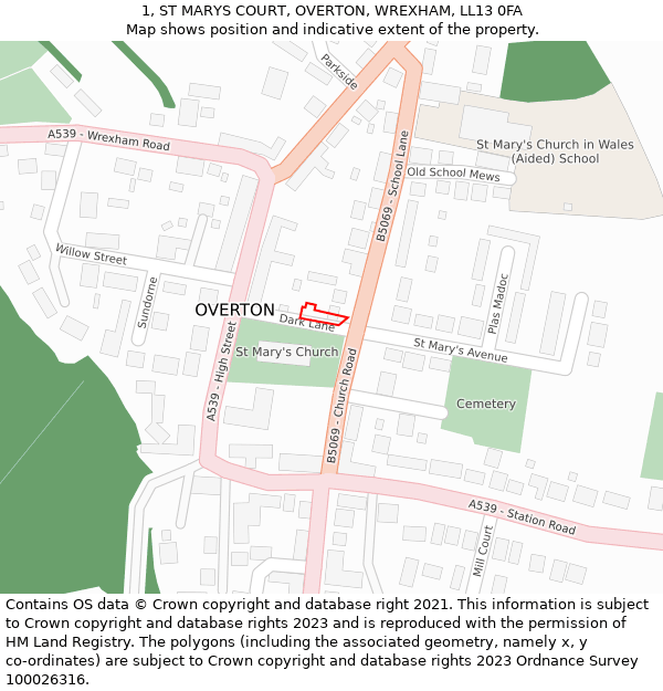 1, ST MARYS COURT, OVERTON, WREXHAM, LL13 0FA: Location map and indicative extent of plot