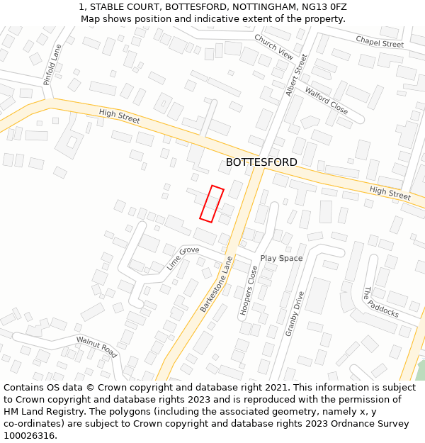 1, STABLE COURT, BOTTESFORD, NOTTINGHAM, NG13 0FZ: Location map and indicative extent of plot