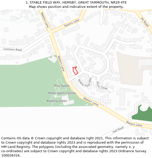 1, STABLE FIELD WAY, HEMSBY, GREAT YARMOUTH, NR29 4TE: Location map and indicative extent of plot