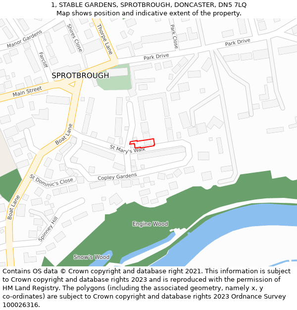 1, STABLE GARDENS, SPROTBROUGH, DONCASTER, DN5 7LQ: Location map and indicative extent of plot