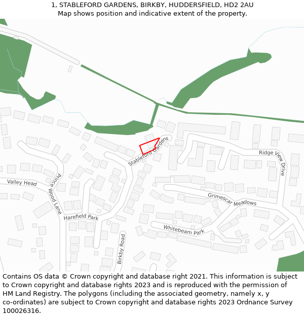 1, STABLEFORD GARDENS, BIRKBY, HUDDERSFIELD, HD2 2AU: Location map and indicative extent of plot