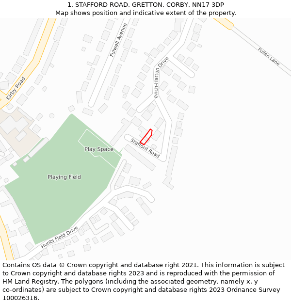 1, STAFFORD ROAD, GRETTON, CORBY, NN17 3DP: Location map and indicative extent of plot