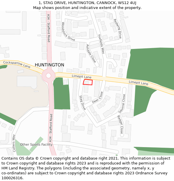 1, STAG DRIVE, HUNTINGTON, CANNOCK, WS12 4UJ: Location map and indicative extent of plot