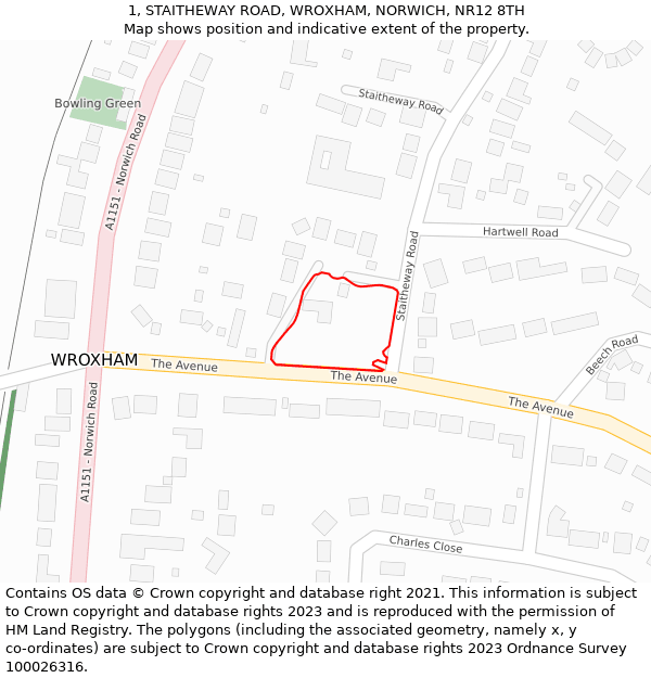 1, STAITHEWAY ROAD, WROXHAM, NORWICH, NR12 8TH: Location map and indicative extent of plot