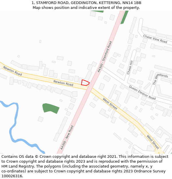 1, STAMFORD ROAD, GEDDINGTON, KETTERING, NN14 1BB: Location map and indicative extent of plot