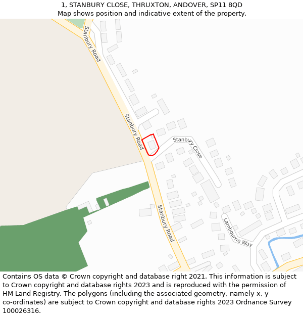 1, STANBURY CLOSE, THRUXTON, ANDOVER, SP11 8QD: Location map and indicative extent of plot