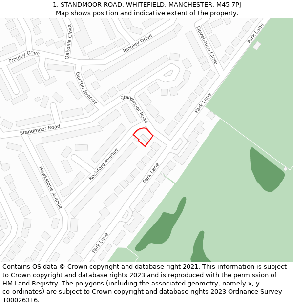 1, STANDMOOR ROAD, WHITEFIELD, MANCHESTER, M45 7PJ: Location map and indicative extent of plot