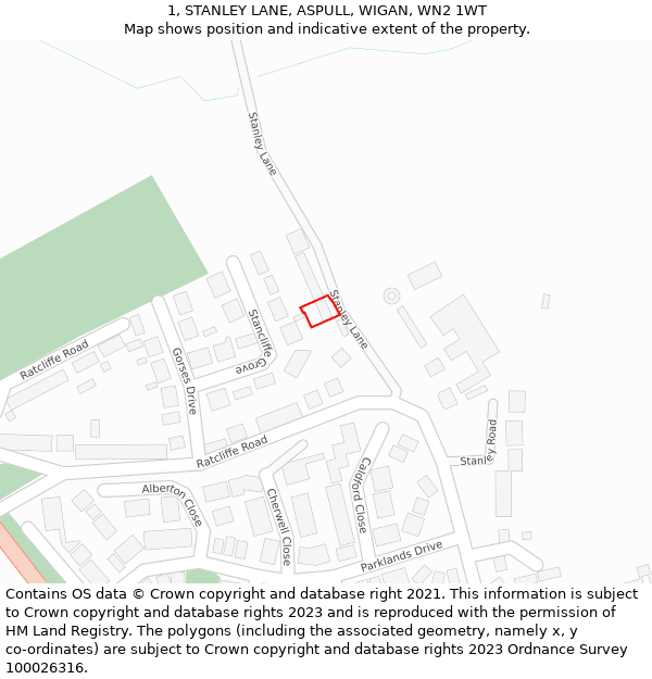 1, STANLEY LANE, ASPULL, WIGAN, WN2 1WT: Location map and indicative extent of plot