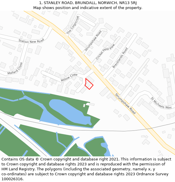 1, STANLEY ROAD, BRUNDALL, NORWICH, NR13 5RJ: Location map and indicative extent of plot