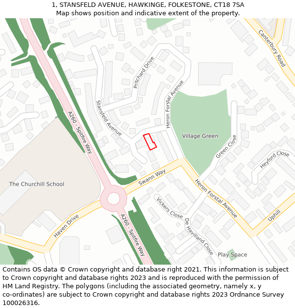 1, STANSFELD AVENUE, HAWKINGE, FOLKESTONE, CT18 7SA: Location map and indicative extent of plot