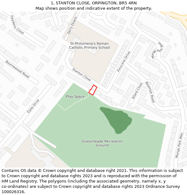 1, STANTON CLOSE, ORPINGTON, BR5 4RN: Location map and indicative extent of plot