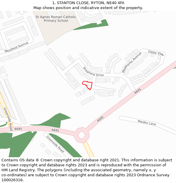 1, STANTON CLOSE, RYTON, NE40 4FA: Location map and indicative extent of plot