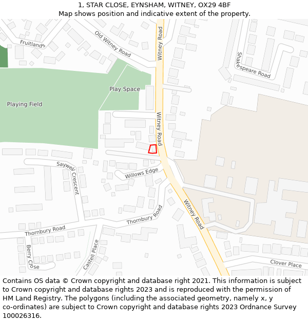 1, STAR CLOSE, EYNSHAM, WITNEY, OX29 4BF: Location map and indicative extent of plot