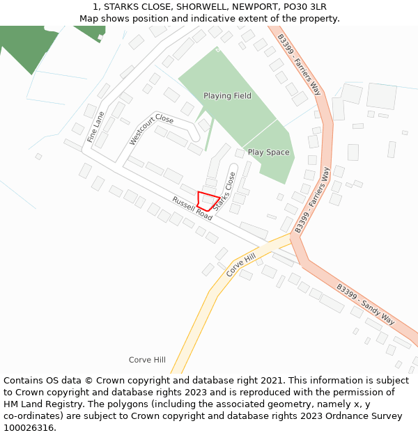 1, STARKS CLOSE, SHORWELL, NEWPORT, PO30 3LR: Location map and indicative extent of plot