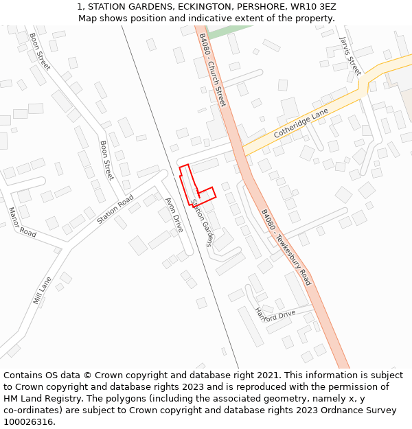 1, STATION GARDENS, ECKINGTON, PERSHORE, WR10 3EZ: Location map and indicative extent of plot