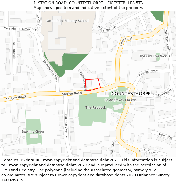 1, STATION ROAD, COUNTESTHORPE, LEICESTER, LE8 5TA: Location map and indicative extent of plot