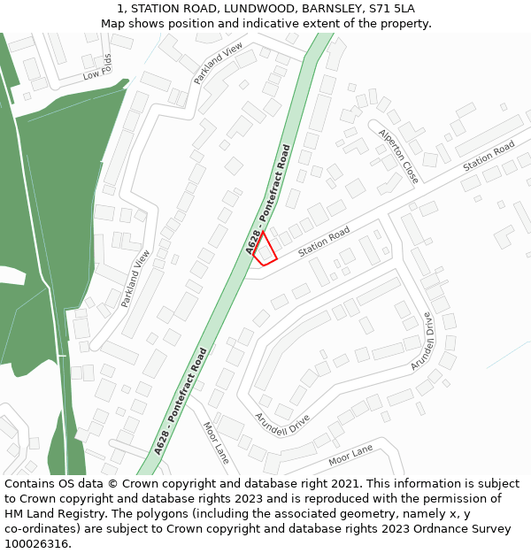 1, STATION ROAD, LUNDWOOD, BARNSLEY, S71 5LA: Location map and indicative extent of plot