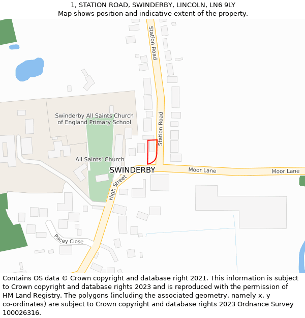 1, STATION ROAD, SWINDERBY, LINCOLN, LN6 9LY: Location map and indicative extent of plot