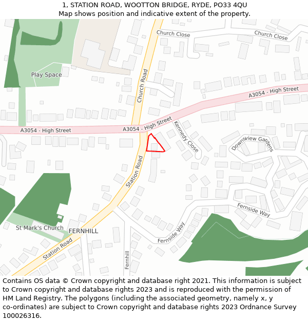 1, STATION ROAD, WOOTTON BRIDGE, RYDE, PO33 4QU: Location map and indicative extent of plot