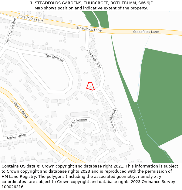 1, STEADFOLDS GARDENS, THURCROFT, ROTHERHAM, S66 9JF: Location map and indicative extent of plot