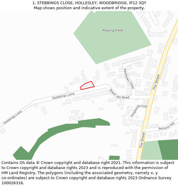 1, STEBBINGS CLOSE, HOLLESLEY, WOODBRIDGE, IP12 3QY: Location map and indicative extent of plot