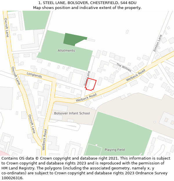 1, STEEL LANE, BOLSOVER, CHESTERFIELD, S44 6DU: Location map and indicative extent of plot