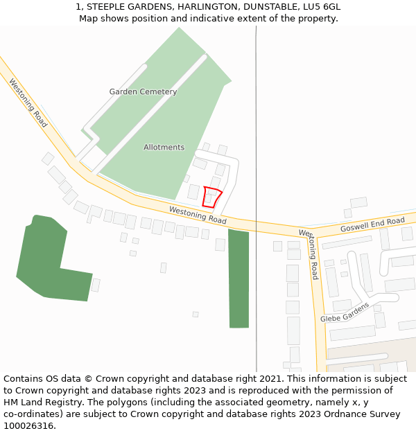 1, STEEPLE GARDENS, HARLINGTON, DUNSTABLE, LU5 6GL: Location map and indicative extent of plot