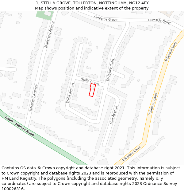 1, STELLA GROVE, TOLLERTON, NOTTINGHAM, NG12 4EY: Location map and indicative extent of plot