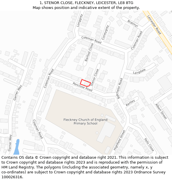 1, STENOR CLOSE, FLECKNEY, LEICESTER, LE8 8TG: Location map and indicative extent of plot