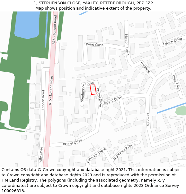 1, STEPHENSON CLOSE, YAXLEY, PETERBOROUGH, PE7 3ZP: Location map and indicative extent of plot