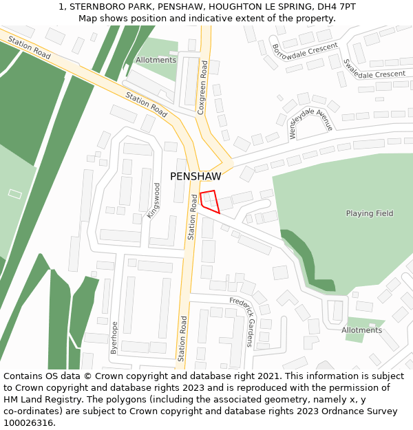 1, STERNBORO PARK, PENSHAW, HOUGHTON LE SPRING, DH4 7PT: Location map and indicative extent of plot