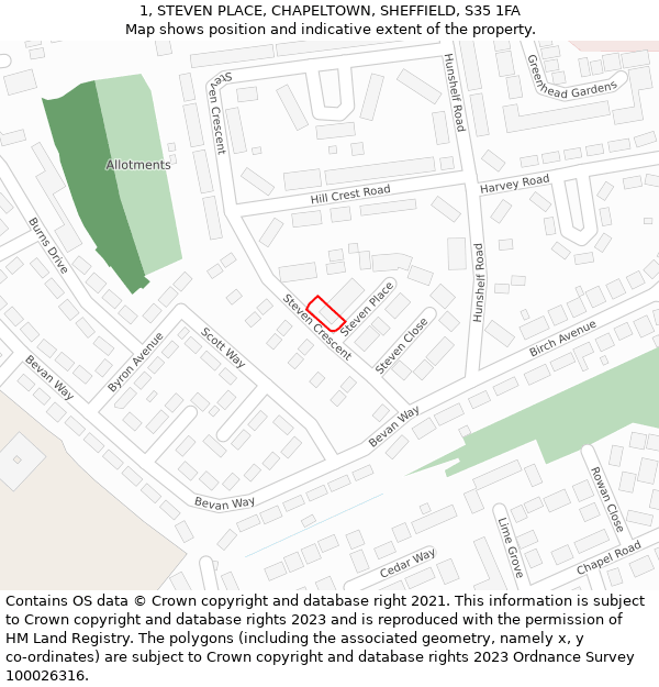 1, STEVEN PLACE, CHAPELTOWN, SHEFFIELD, S35 1FA: Location map and indicative extent of plot