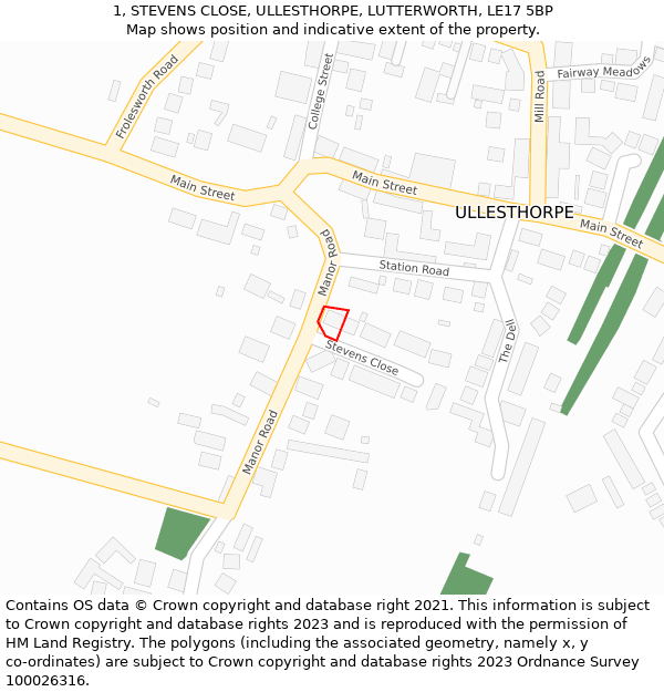 1, STEVENS CLOSE, ULLESTHORPE, LUTTERWORTH, LE17 5BP: Location map and indicative extent of plot