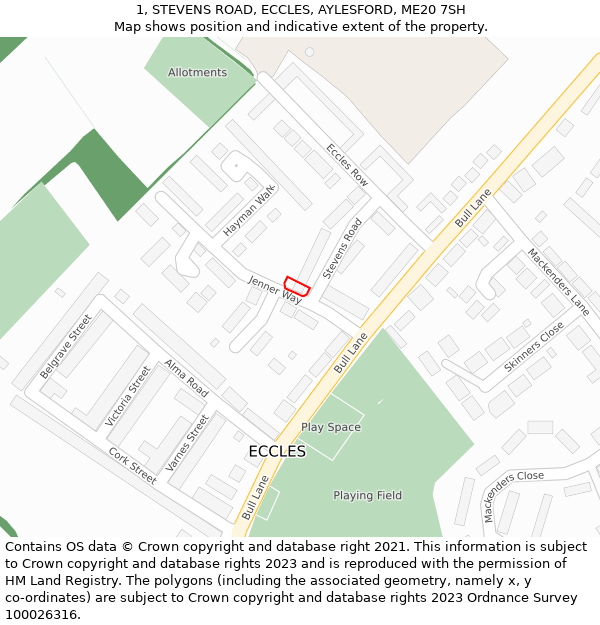 1, STEVENS ROAD, ECCLES, AYLESFORD, ME20 7SH: Location map and indicative extent of plot