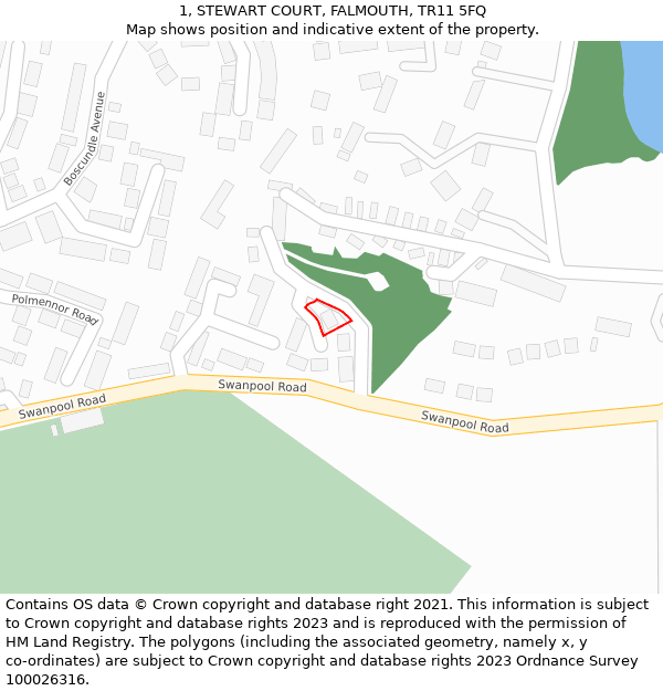 1, STEWART COURT, FALMOUTH, TR11 5FQ: Location map and indicative extent of plot