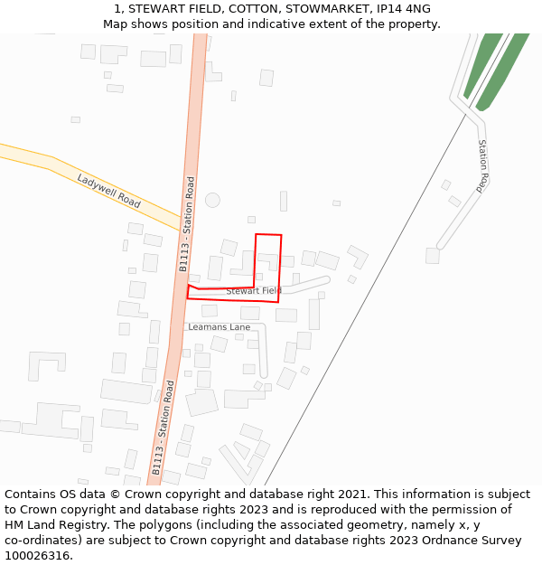 1, STEWART FIELD, COTTON, STOWMARKET, IP14 4NG: Location map and indicative extent of plot