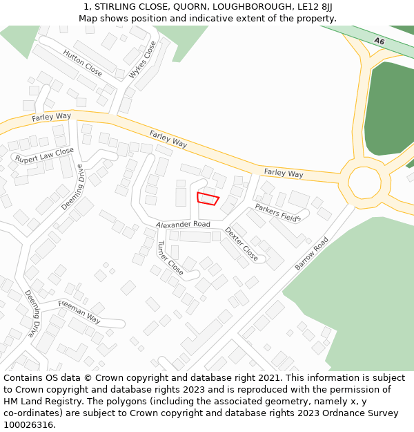 1, STIRLING CLOSE, QUORN, LOUGHBOROUGH, LE12 8JJ: Location map and indicative extent of plot
