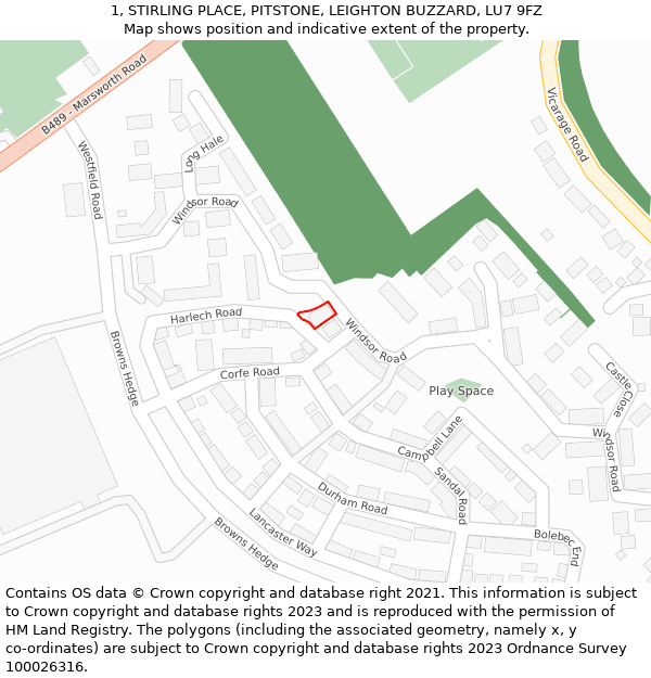 1, STIRLING PLACE, PITSTONE, LEIGHTON BUZZARD, LU7 9FZ: Location map and indicative extent of plot