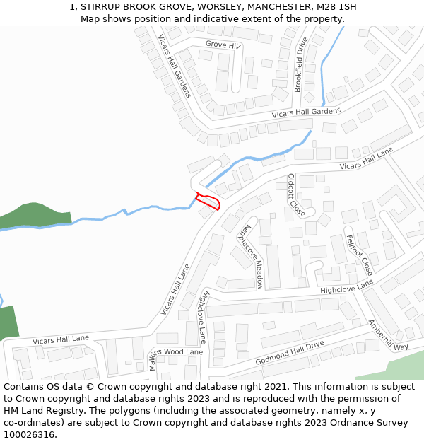 1, STIRRUP BROOK GROVE, WORSLEY, MANCHESTER, M28 1SH: Location map and indicative extent of plot