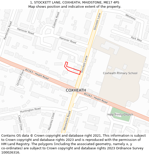 1, STOCKETT LANE, COXHEATH, MAIDSTONE, ME17 4PS: Location map and indicative extent of plot