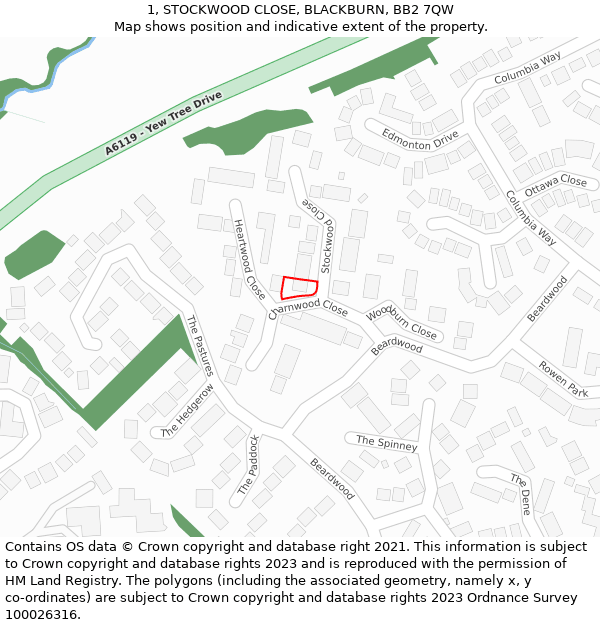 1, STOCKWOOD CLOSE, BLACKBURN, BB2 7QW: Location map and indicative extent of plot