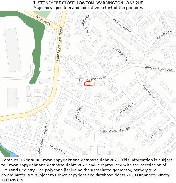 1, STONEACRE CLOSE, LOWTON, WARRINGTON, WA3 2UE: Location map and indicative extent of plot