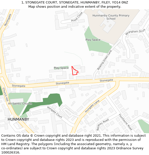 1, STONEGATE COURT, STONEGATE, HUNMANBY, FILEY, YO14 0NZ: Location map and indicative extent of plot